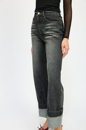 Women's Fold Over Washed Denim Pants