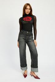 Women's Fold Over Washed Denim Pants