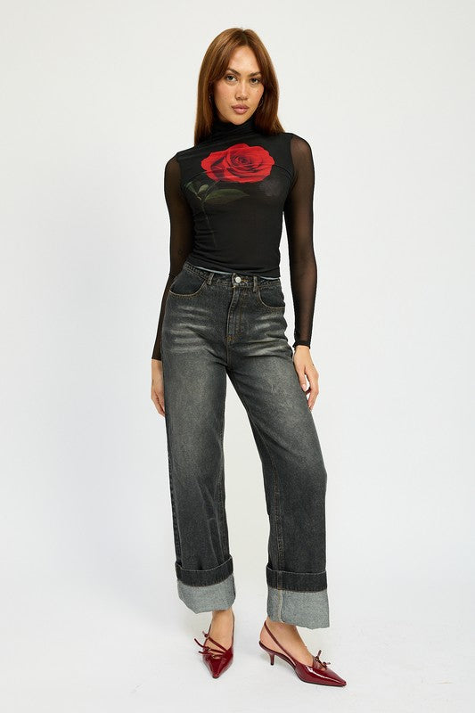 Women's Fold Over Washed Denim Pants