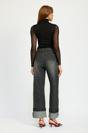 Women's Fold Over Washed Denim Pants