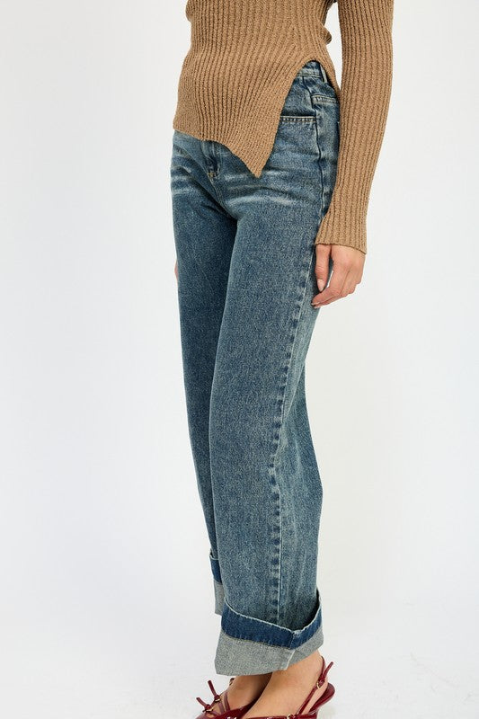 Women's Fold Over Washed Denim Pants