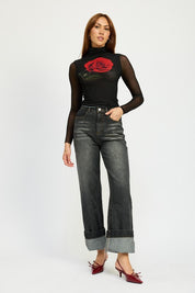 Women's Fold Over Washed Denim Pants