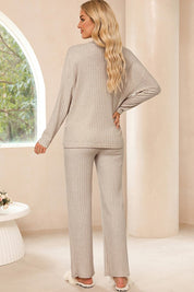 Women Ribbed Knit V Neck Slouchy Two-piece Outfit