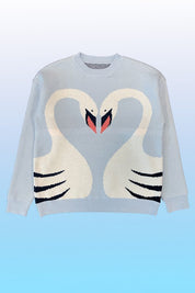 Women's Round Neck Knit Sweater with Swan Intarsia Design