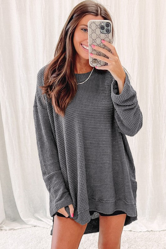 Women's Oversized Waffle Knit Top with High Slits