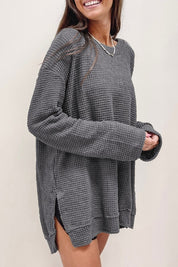 Women's Oversized Waffle Knit Top with High Slits