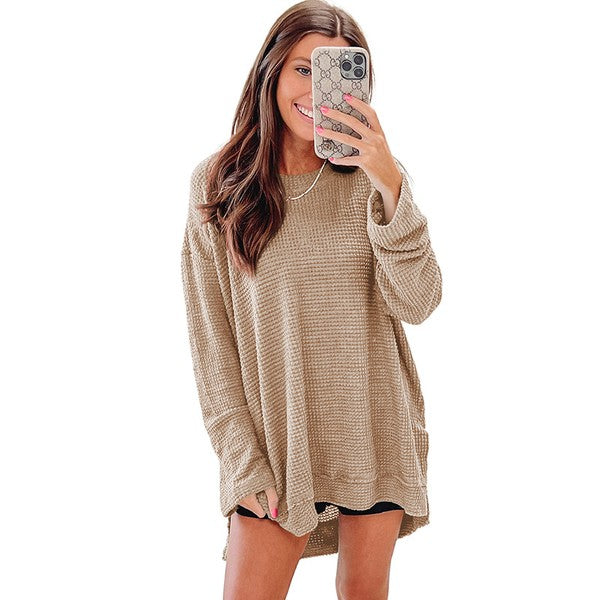 Women's Oversized Waffle Knit Top with High Slits