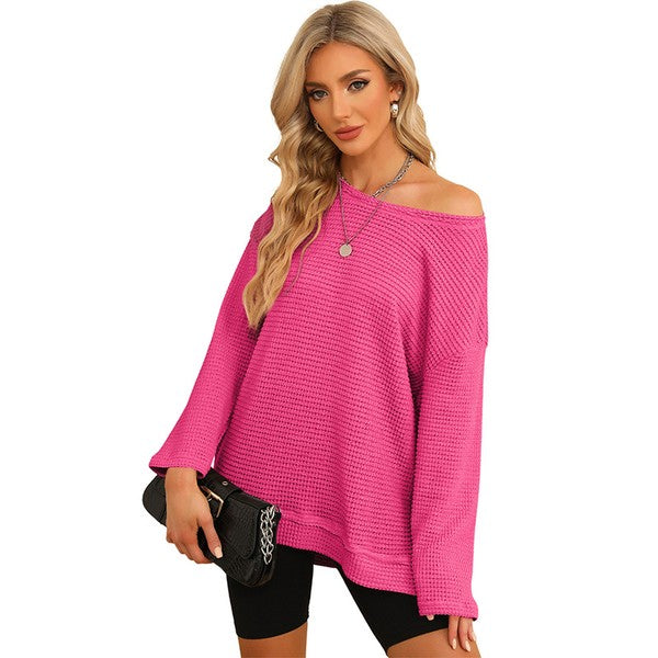 Women's Oversized Waffle Knit Top with High Slits