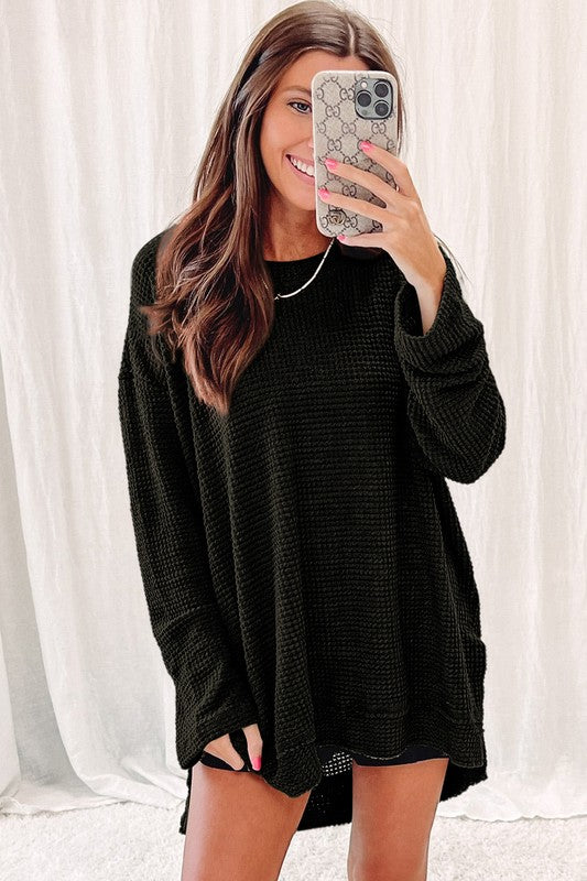 Women's Oversized Waffle Knit Top with High Slits