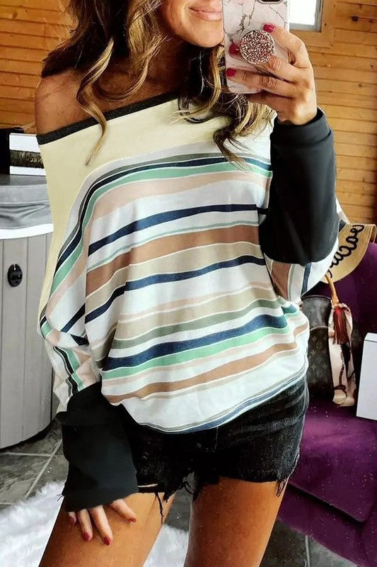 Women's Loose Fit Striped Color Block Long Sleeve Top