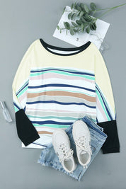 Women's Loose Fit Striped Color Block Long Sleeve Top