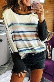 Women's Loose Fit Striped Color Block Long Sleeve Top