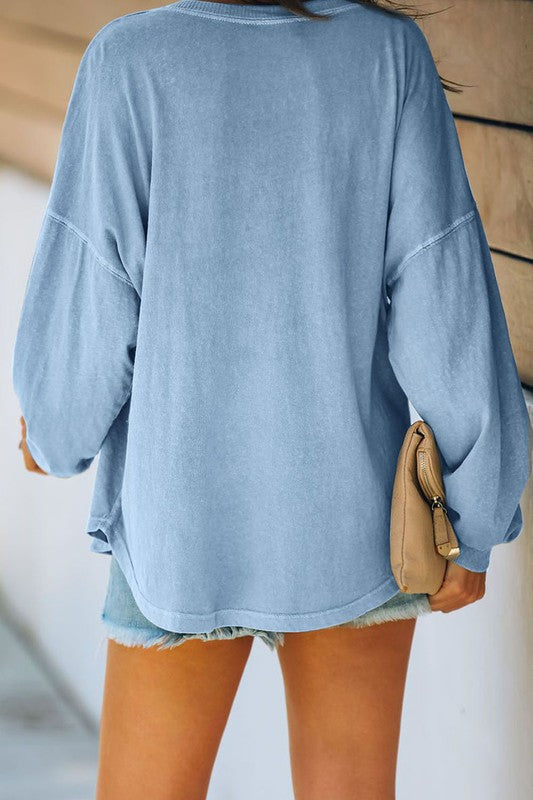 Women Buttoned V Neck Cotton Loose Fit Top