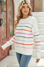 Women's Colorful Striped Ribbed Trim Round Neck Sweater