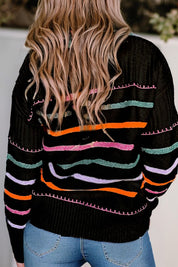 Women's Colorful Striped Ribbed Trim Round Neck Sweater