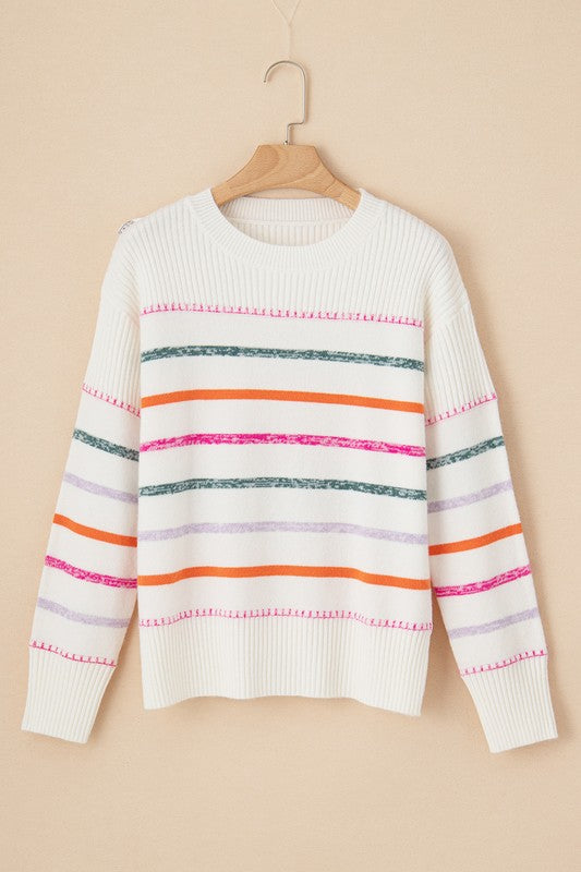 Women's Colorful Striped Ribbed Trim Round Neck Sweater