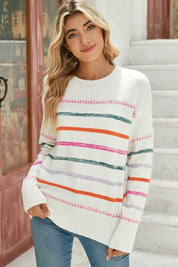 Women's Colorful Striped Ribbed Trim Round Neck Sweater