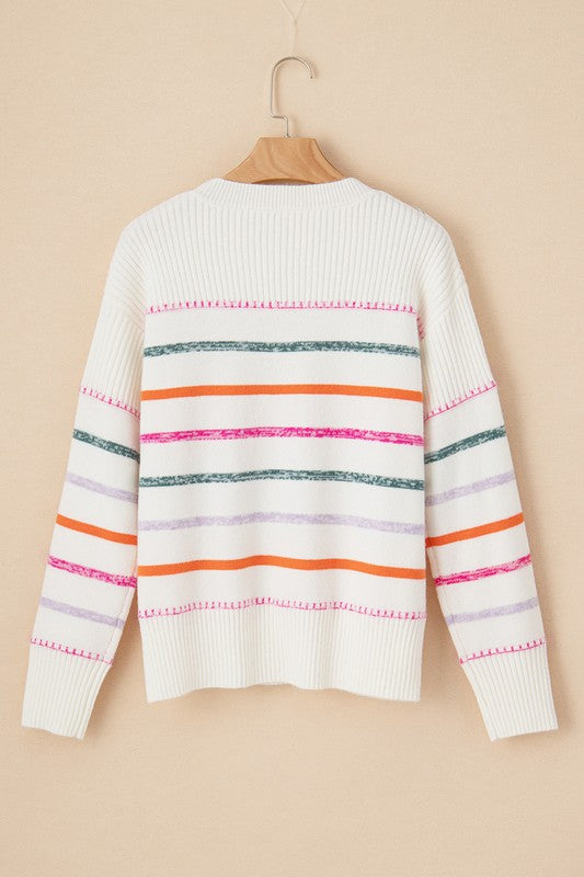 Women's Colorful Striped Ribbed Trim Round Neck Sweater