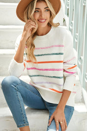 Women's Colorful Striped Ribbed Trim Round Neck Sweater