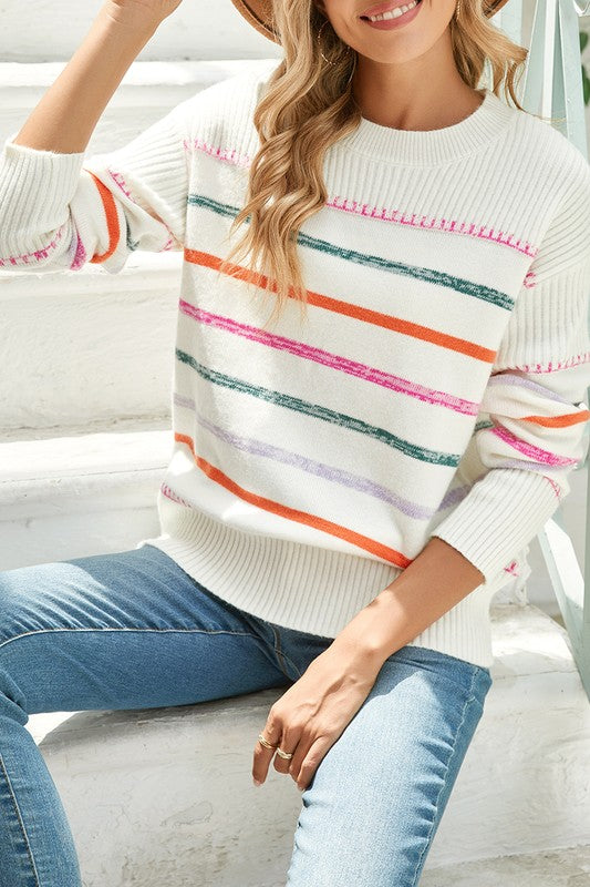 Women's Colorful Striped Ribbed Trim Round Neck Sweater