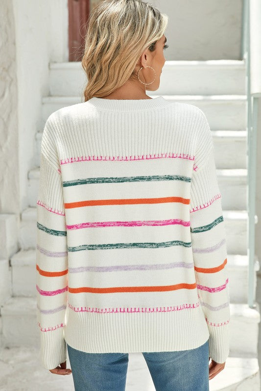 Women's Colorful Striped Ribbed Trim Round Neck Sweater