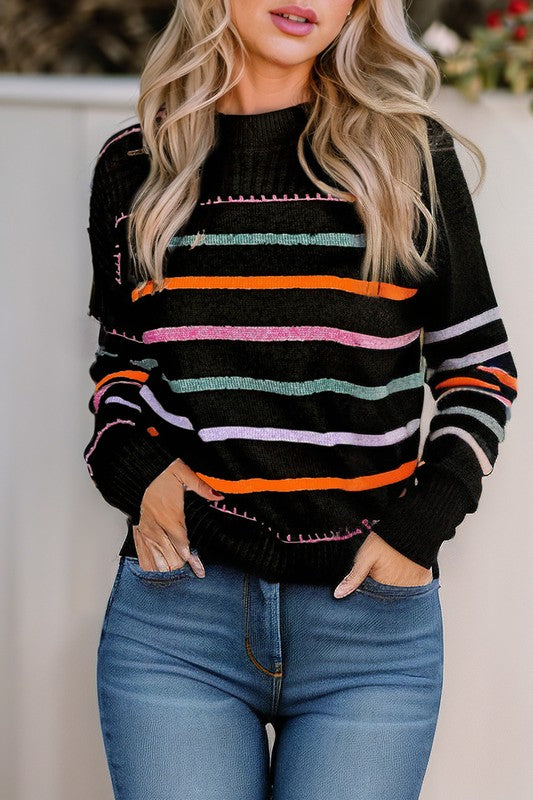 Women's Colorful Striped Ribbed Trim Round Neck Sweater