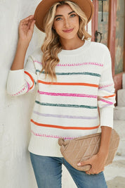 Women's Colorful Striped Ribbed Trim Round Neck Sweater