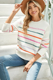 Women's Colorful Striped Ribbed Trim Round Neck Sweater