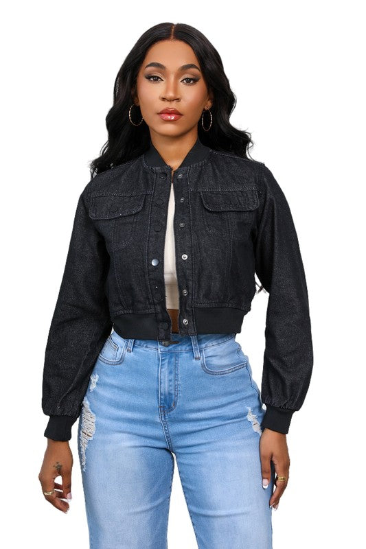 Women's Short Denim Jacket with Snap Buttons