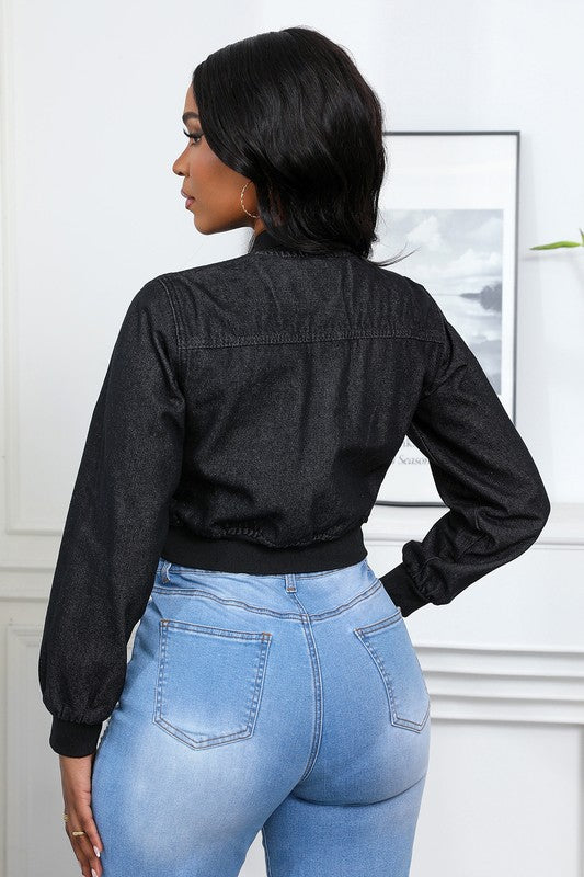 Women's Short-Length Denim Jacket with Snap Buttons