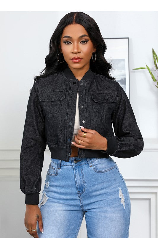 Women's Short-Length Denim Jacket with Snap Buttons