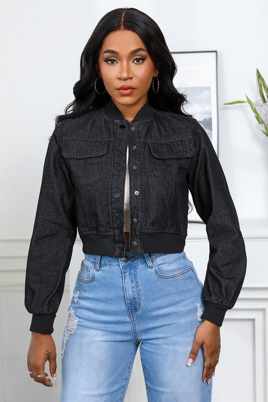 Women's Short-Length Denim Jacket with Snap Buttons