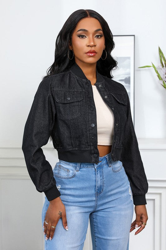 Women's Short-Length Denim Jacket with Snap Buttons