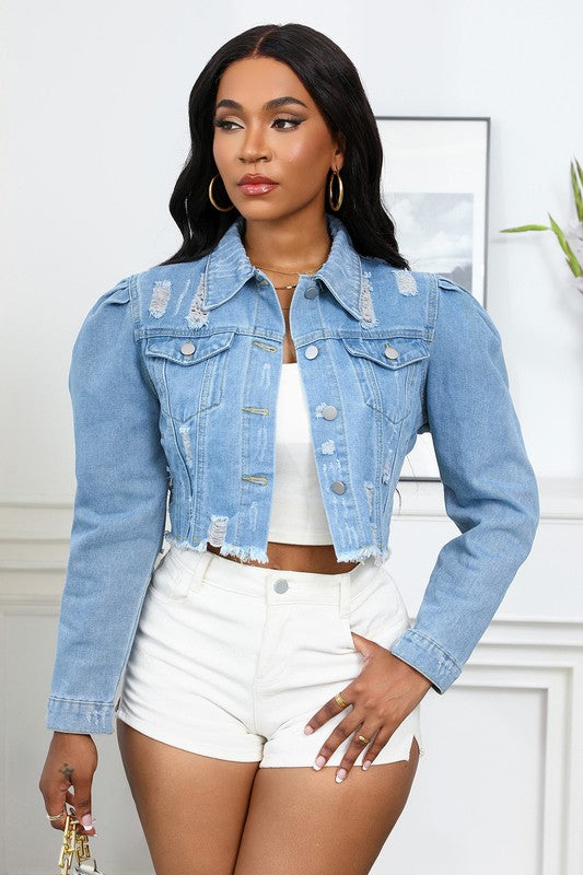 Women's Button-Up Denim Jacket with Front Pocket