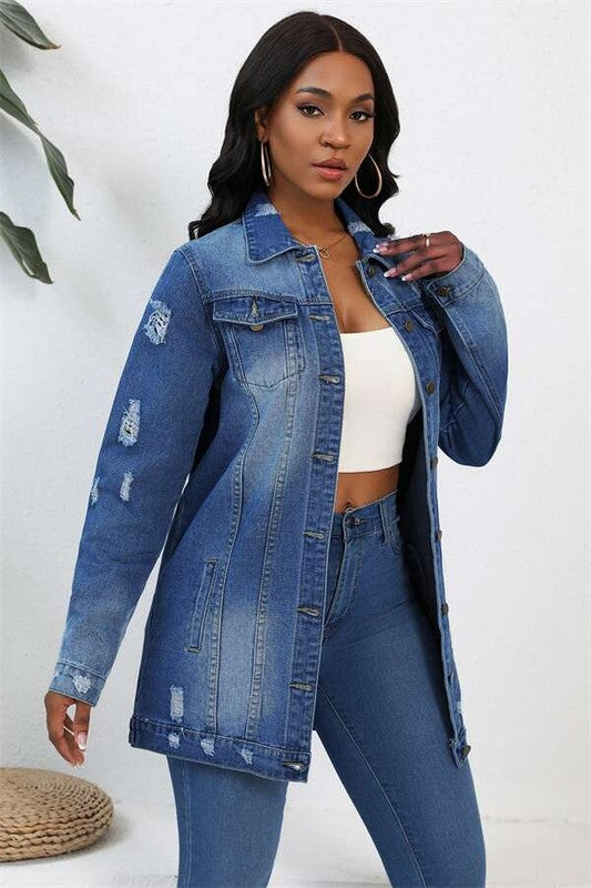 Women's Button-Up Denim Jacket with Front Pocket