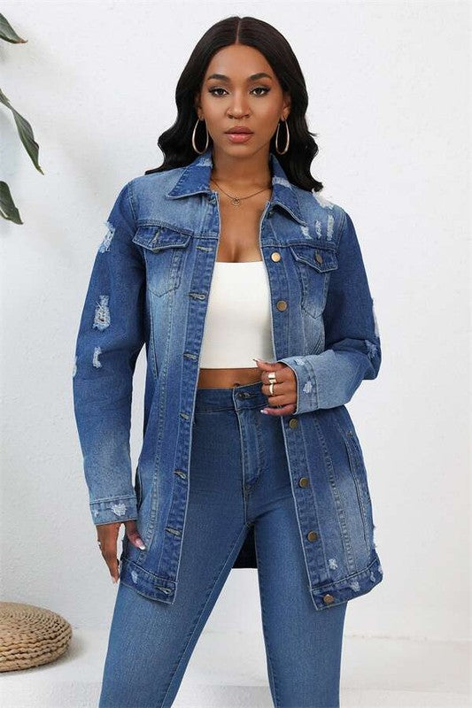 Women's Button-Up Denim Jacket with Front Pocket