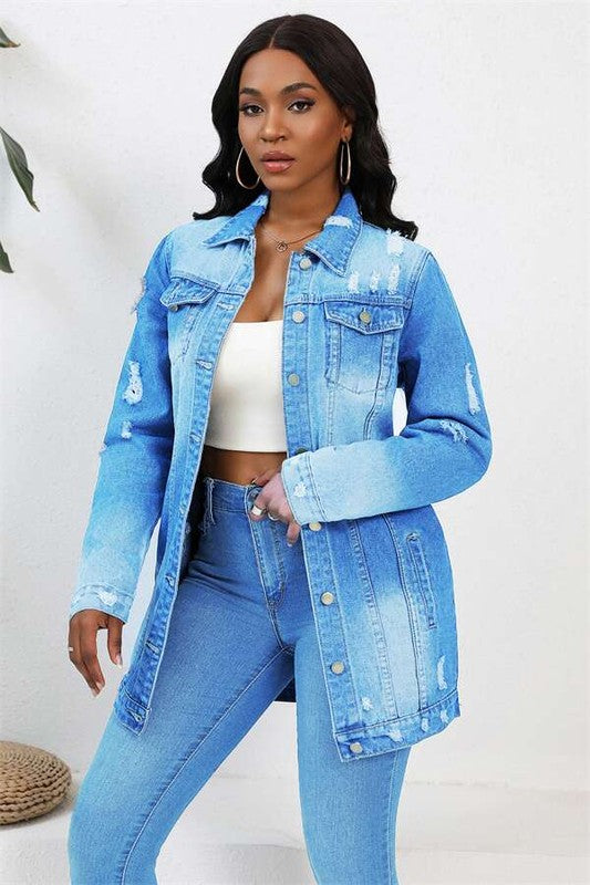 Women's Button-Up Denim Jacket with Front Pockets