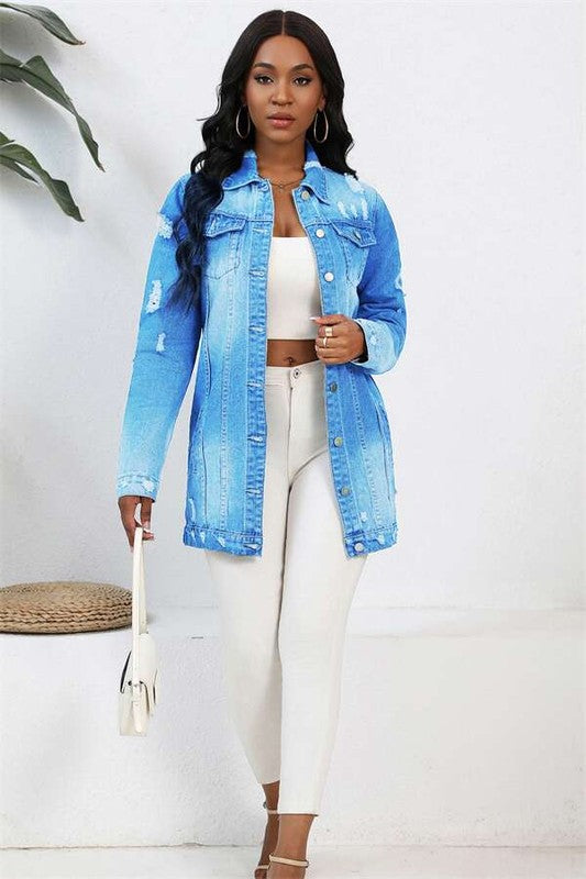 Women's Button-Up Denim Jacket with Front Pockets