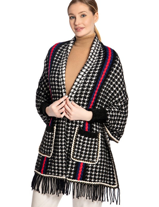 Women's Houndstooth Sleeve Poncho with Pocket