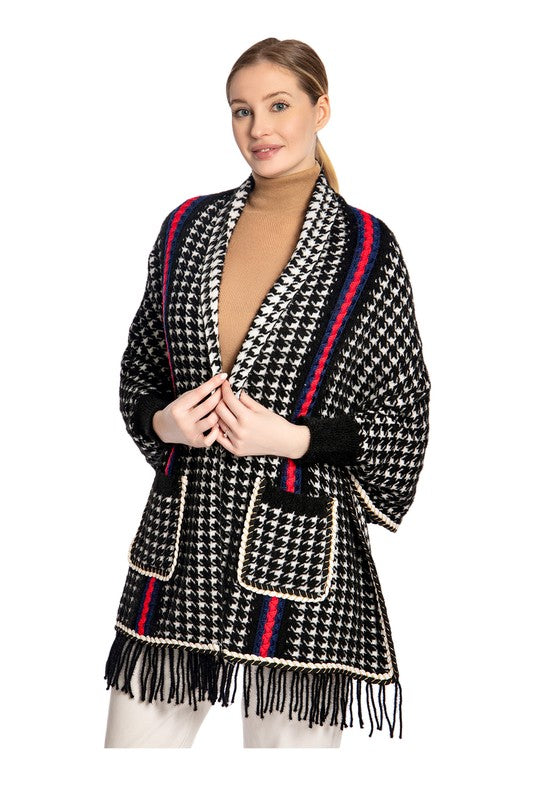 Women's Houndstooth Sleeve Poncho with Pocket