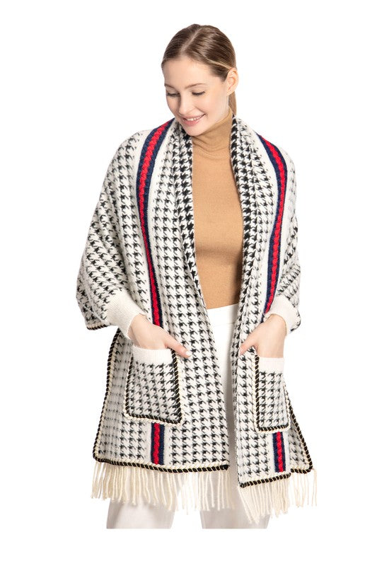 Women's Houndstooth Sleeve Poncho with Pocket