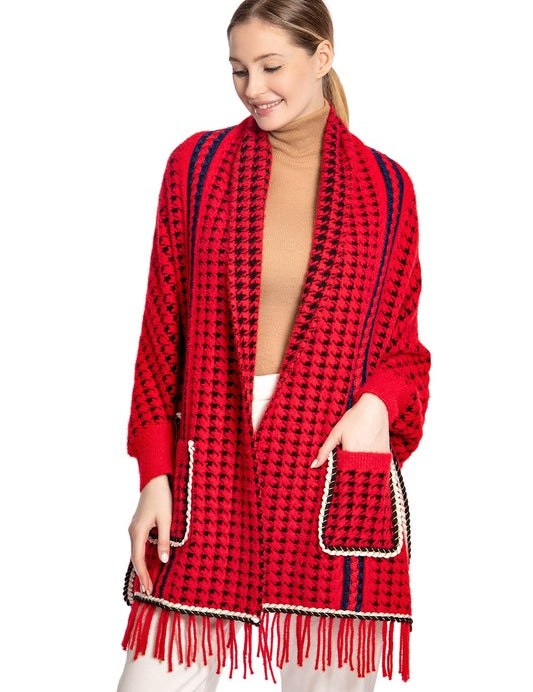 Women's Houndstooth Sleeve Poncho with Pocket