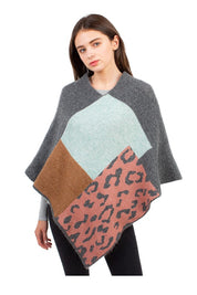 Women's Plaid Poncho with Leopard Accent