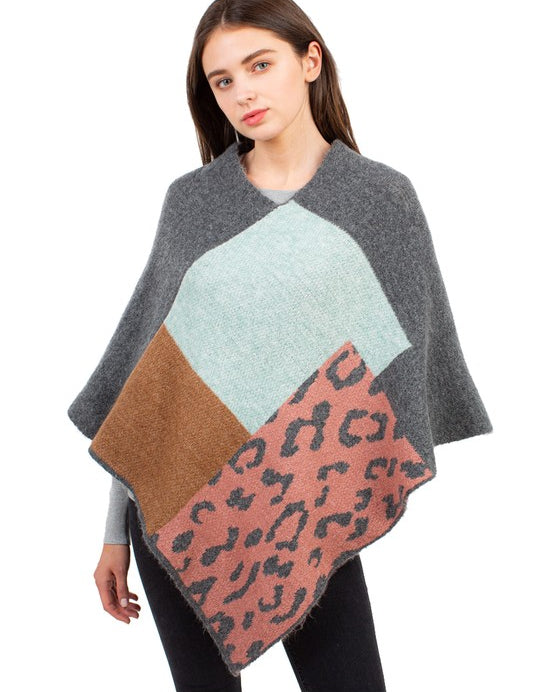 Women's Plaid Poncho with Leopard Accent