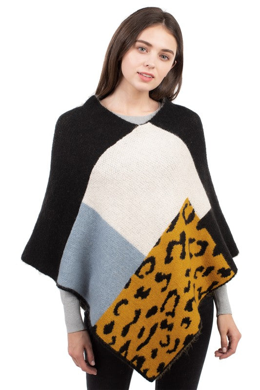 Women's Plaid Poncho with Leopard Accent