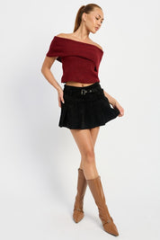 Women's Pleated Suede Skort with Belt