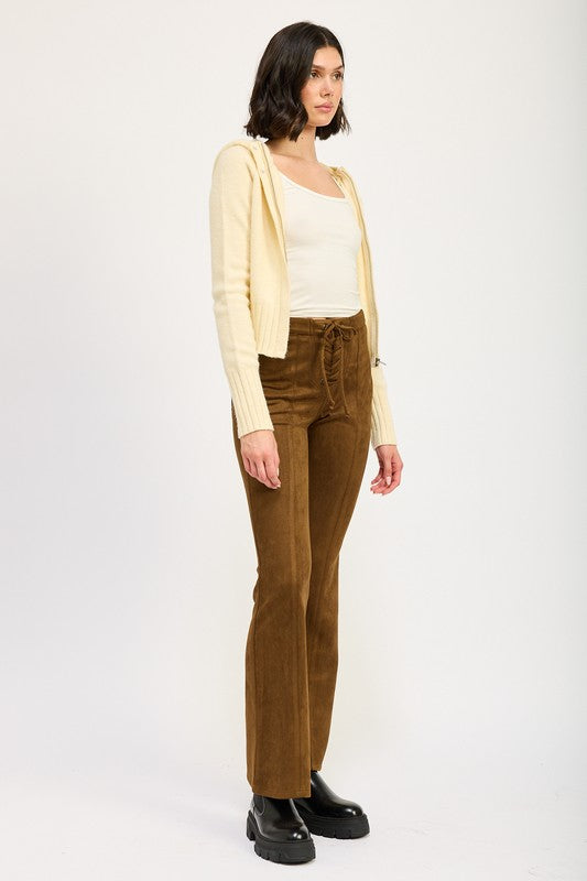 Women's Suede Flared Pants with Lace-Up Detail