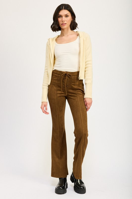 Women's Suede Flared Pants with Lace-Up Detail