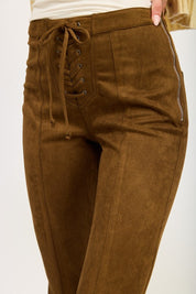 Women's Suede Flared Pants with Lace-Up Detail