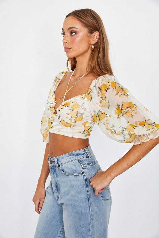 Women's Chic Floral Chiffon Balloon Sleeved Bustier Crop Top